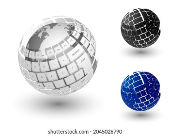 Realistic ball and keys of computer keyboard soars in air. Digital technologies and development of Internet equipment. Isolated 3D vector on white background