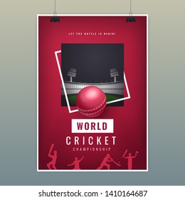 Realistic ball on night view playground on red background for World Cricket Championship template or flyer design.