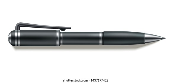 Realistic ball pen black mockup for corporate identity design. Vector office supplies element, stationery tool for school, college, university studies or office work. Ballpoint pen