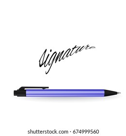 Realistic Ball Pen and Signature Example Isolated on White Background. Contract and Agreement Vector Symbol. Pact, Accord or Convention Illustration