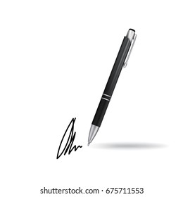 Realistic Ball Pen and Signature Example Isolated on White Background. Contract and Agreement Vector Symbol. Pact, Accord or Convention Illustration