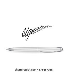 Realistic Ball Pen and Signature Example Isolated on White Background. Contract and Agreement Vector Symbol. Pact, Accord or Convention Illustration