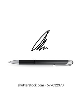 Realistic Ball Pen and Signature Example Isolated on White Background. Contract and Agreement Vector Symbol. Pact, Accord or Convention Illustration