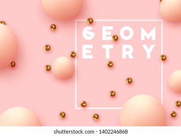 Realistic ball spheres, abstract background with 3d elements. Pattern circular geometric objects. Round balls soft pink color and golden metal beads. vector illustration