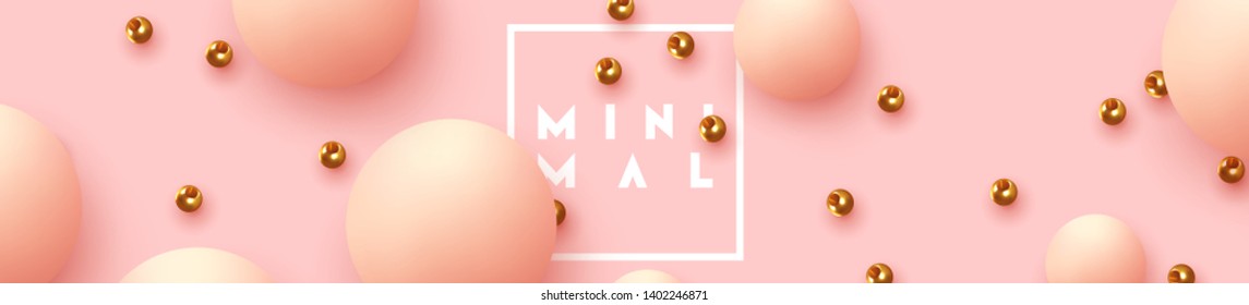 Realistic ball spheres, abstract background with 3d elements. Pattern circular geometric objects. Round balls soft pink color and golden metal beads. Horizontal trendy poster, banner, headers website