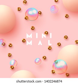 Realistic ball spheres, abstract background with 3d elements. Pattern circular geometric objects. Round balls soft pink color and golden metal beads. gradient soap bubble. vector illustration