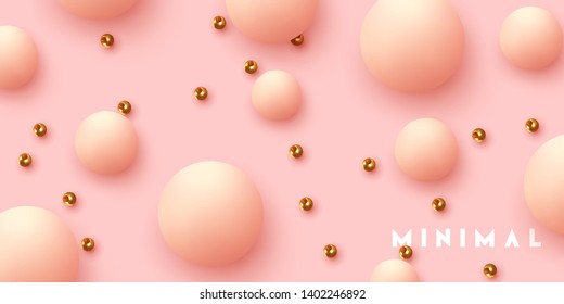 Realistic ball spheres, abstract background with 3d elements. Pattern circular geometric objects. Round balls soft pink color and golden metal beads. vector illustration