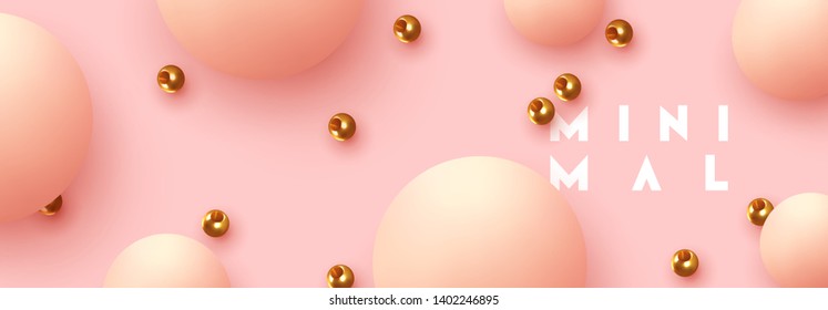 Realistic ball spheres, abstract background with 3d elements. Pattern circular geometric objects. Round balls soft pink color and golden metal beads. Horizontal trendy poster, banner, headers website