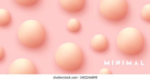 Realistic ball spheres, abstract background with 3d elements. Pattern circular geometric objects. Round balls soft pink color. trendy poster, banner. vector illustration