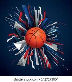 realistic ball for sports basketball, abstract blue red white background