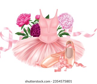 Realistic ballet composition with beautiful pink ballerina dress shoes with satin ribbons and peonies vector illustration