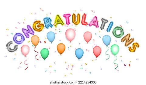 realistic balloon 3d rendering with congratulation banner text. eps vector