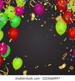 Realistic balloon background for party Happy New Year poster 2023. and helium ballon on ribbon, glitter bright balloons, confetti and   background. Vector illustration.
