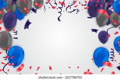 Realistic balloon background for party Happy New Year poster 2023. and helium ballon on ribbon, glitter bright balloons, confetti and   background. Vector illustration.
