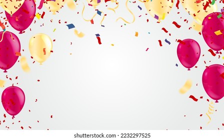 Realistic balloon background for party Happy New Year poster 2023. and helium ballon on ribbon, glitter bright balloons, confetti and   background. Vector illustration.