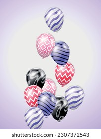 Composición de globos realistas con fondo degradado púrpura y visión de globos voladores con decoraciones ornamentales coloridas ilustración vectorial