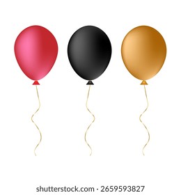 Realistic balloon set with red, black, and gold helium balloons on white background