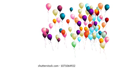 Realistic Balloons Bunch Flying Upwards in the Air. Vector Illustration Isolated on White. Red, Blue, Orange, Yellow, Green, Purple Realistic Balloons Collection. Celebration Card, Festive Decoration.