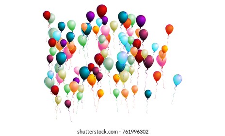 Realistic Balloons Bunch Flying Upwards in the Air. Vector Illustration Isolated on White. Red, Blue, Orange, Yellow, Green, Purple Realistic Balloons Collection. Celebration Card, Festive Decoration.