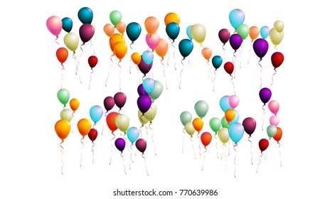 Realistic Balloons Bunch Flying Upwards in the Air. Vector Illustration Isolated on White. Red, Blue, Orange, Yellow, Green, Purple Realistic Balloons Collection. Celebration Card, Festive Decoration.