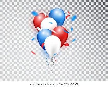 Composición de globos realistas en colores rojo, azul y blanco. Elementos vectoriales aislados para la fiesta nacional o la fiesta de cumpleaños