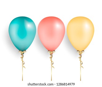 Realistic balloons isolated on white background. Set balloons  with gold ribbon and bow for holiday design.