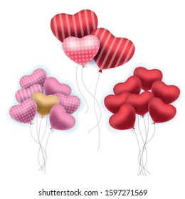 Realistic balloons. Set of bunches of colourful birthday party or St Valentine's volume balloons. Red, pink, gold, striped Heart shaped helium balloons.
