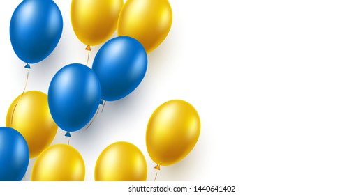 Realistic balloons in traditional ukrainian colors. Decorative elements for national holidays of Ukraine. Isolated on white with copy space. Vector illustration.