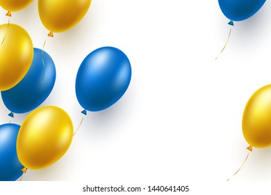 Realistic balloons in traditional ukrainian colors. Decorative elements for national holidays of Ukraine. Isolated on white with copy space. Vector illustration.