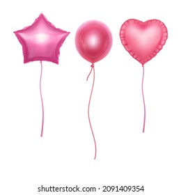 Realistic balloons of various shapes, heart-shaped balloons, star-shaped balloons on a white background, vector format