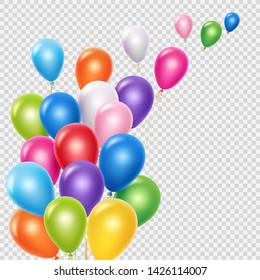 Realistic balloons vector background template. Flying colorful balloons isolated on transparent background. Colored balloon for birthday event, group flying illustration