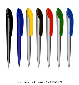 Realistic Ballpoint Pens Isolated on White Background. Colorful 3D Vector Set