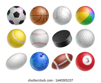 Realistic balls set for various sports games. Football, basketball, tennis and volleyball sports equipment isolated on white background. Sports competition and outdoors activity vector illustration