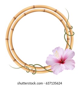 Realistic bamboo frame with hibiscus flower.