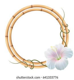 Realistic bamboo frame with hibiscus flower.