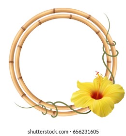 Realistic bamboo frame with hibiscus flower.