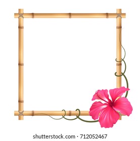 Realistic bamboo frame with hibiscus flower.