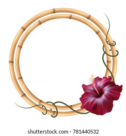 Realistic bamboo frame with hibiscus flower.