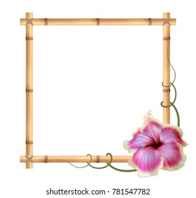 Realistic bamboo frame with hibiscus flower.