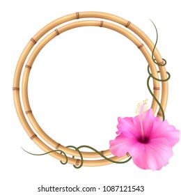 Realistic bamboo frame with hibiscus pink flower.