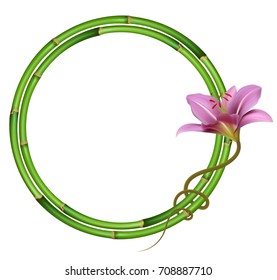 Realistic bamboo frame with purple lily flower. 