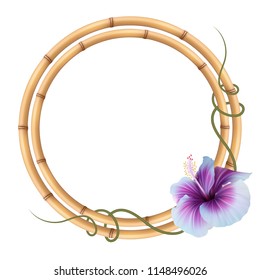 Realistic bamboo frame with violet hibiscus flower.