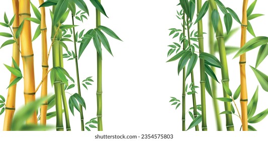 Realistic bamboo isolated composition yellow and green bamboo trunks on the sides vector illustration