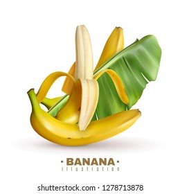 Realistic banana background with editable text and realistic images of banana fruits with skin and leaves vector illustration