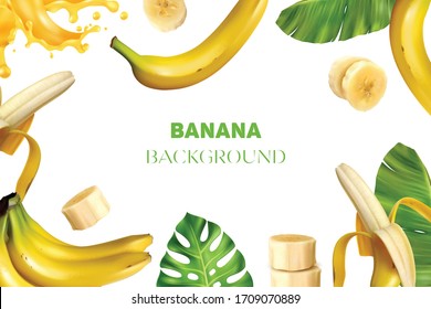 Realistic banana frame background composition with images of bananas fresh leaves slices and juice with text vector illustration