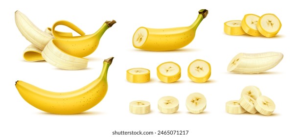 Realistische Bananenfrucht. Ganze, halbe und geschnittene Scheiben 3D-Vektorgrafik-Set. Exotische tropische Früchte zeigen cremiges, weiches Fruchtfleisch und leuchtend gelbe Schale. Veganes Essen, gesundes Vitamin, geschälte und ungeschälte Kreise