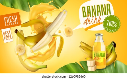 Realistic banana juice packaging ads poster with thought bubbles and editable text with fruits and leaves vector illustration