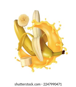 Realistic banana juice splash composition with isolated tropical fruit image on blank background vector illustration