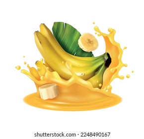 Realistic banana juice splash composition with isolated tropical fruit image on blank background vector illustration