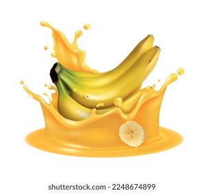 Realistische Splash-Zusammensetzung von Bananensaft mit isoliertem tropischem Obstbild auf unscharfem Hintergrund, Vektorgrafik